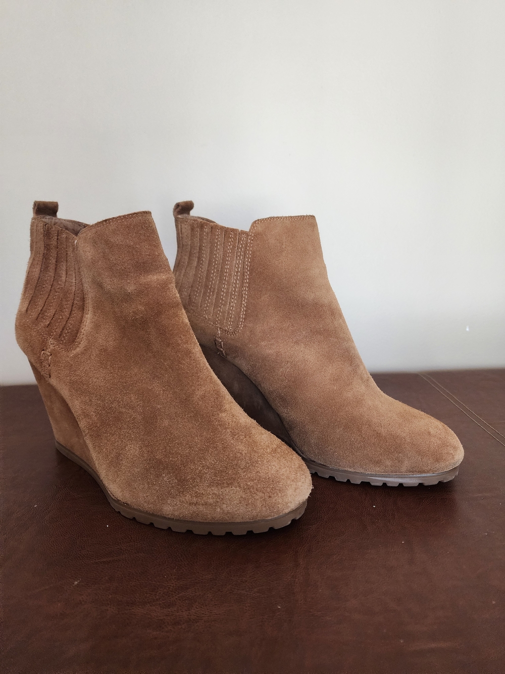Gianni Bini Suede Wedge Ankle Booties in Light Brown